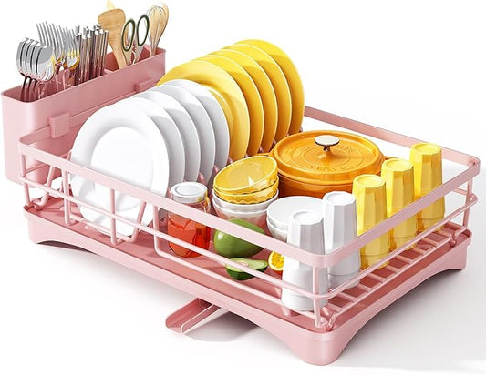 Dish Drying Rack for Kitchen Counter, Large Dish Rack with Drainboard, Pink