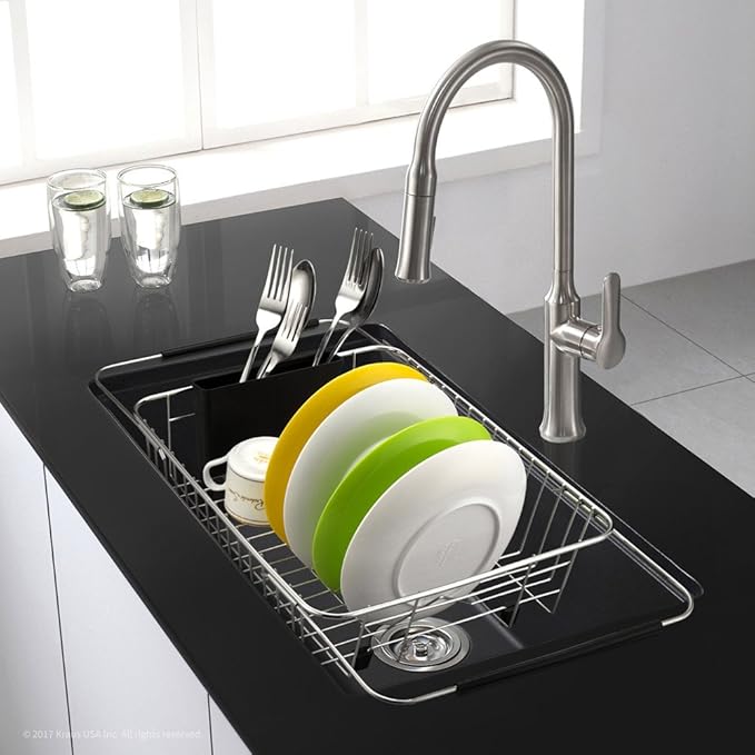SANNO Expandable Dish Drying Rack Over the Sink Dish Drainer Dish Rack in Sink or On Counter with Utensil Silverware Storage Holder, Rustproof Stainless Steel