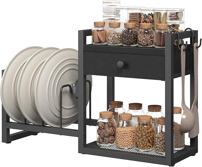 MAHANCRIS Countertop Shelf Organizer, Pots and Pans Organizer Rack, Pot Lid Holder with 1 Drawer, Pot Lid Organizer Holder with 2 Hooks, for Kitchen, Dining Room, Black POBK2201