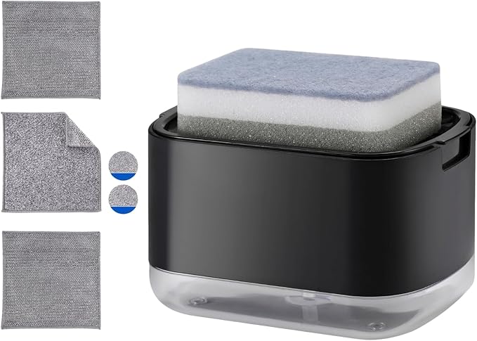 Kitchen Dish Soap Dispenser with Sponge Holder, 5-in-1 Countertop Soap Pump Dispenser, Soap Dispenser for Kitchen Sink with 3-Packs Wire Dishwashing Rag