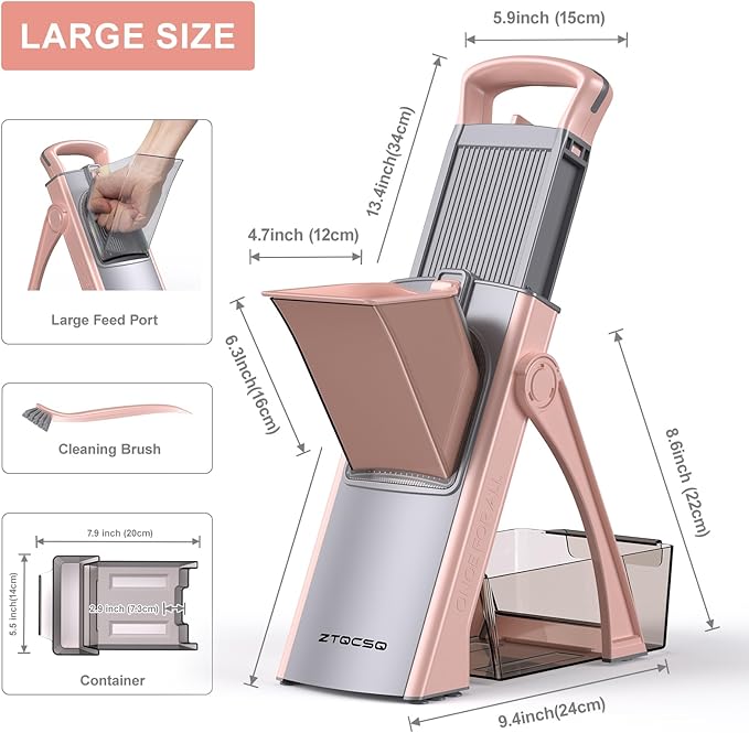 [All in 1] Upgraded Version Safe Mandoline Slicer for Kitchen, Adjustable Thickness. Veggie Slicer, Rapid Prep Mandoline, Detachable Blade, Cleaning Brush/Paring Knife (GrayPink)