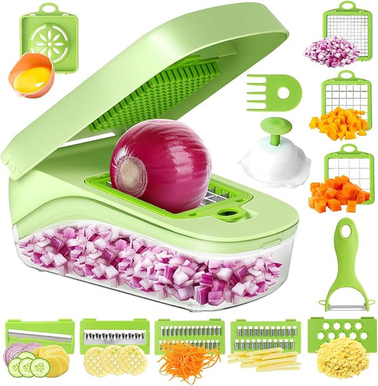 17-in-1 Vegetable Chopper, Multifunctional Veggie Chopper Dicer, Vegetable Cutter with Container, French Fry Cutter for Potatoes, Onion Chopper with Hand Guard, Essential Kitchen Tool for Salad, Fruit