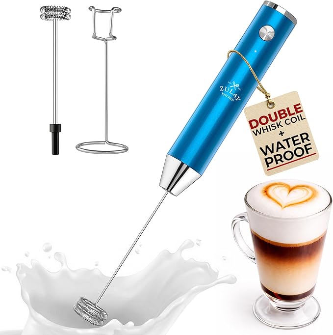 Zulay Kitchen Rechargeable Milk Frother Handheld - Frother Wand, Drink Mixer, Electric Whisk Frother, for Cappuccinos, Matcha & Protein Powder - Lux 4 Whisk 2 Speed Waterproof 2000mAh Metallic Blue