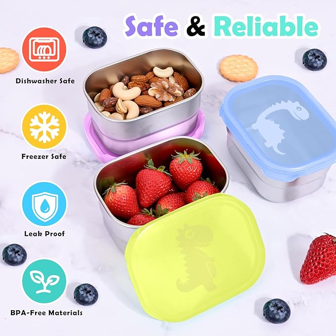Tanjiae 3×8oz Small Stainless Steel Snack Containers - 230mL Leakproof Food Containers with Cute Dino Lids | LFGB Certified, Stackable Metal Snack Box for Home, Office, Travel
