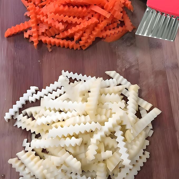 2 Pack Crinkle Cutter Stainless Steel Wavy French Fry & Vegetable Slicer for Potatoes, Carrots, Cheese, Multi-Color (Pink & Blue)