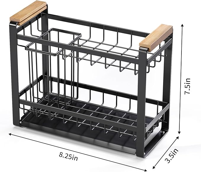 Sink Caddy Organizer with Wooden Handle, 2-Tier Rustproof Metal Sink Organizer Non-Slip Suction Cups, Multi-Functional Storage for Sponge, Soap Dispenser, Kitchen and Bathroom Countertop Accessories
