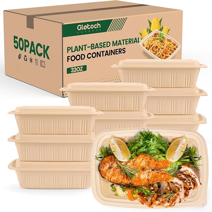 100 Piece (50 Pack) Meal Prep Containers with Lids,32 oz Resuable Cornstarch Material Salad Containers, Plant-based Lunch Boxes, Plastic Take Out Bowls BPA Free, Microwave Freezer Safe, Stackable