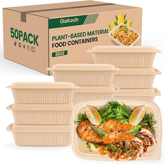 100 Piece (50 Pack) Meal Prep Containers with Lids,32 oz Resuable Cornstarch Material Salad Containers, Plant-based Lunch Boxes, Plastic Take Out Bowls BPA Free, Microwave Freezer Safe, Stackable