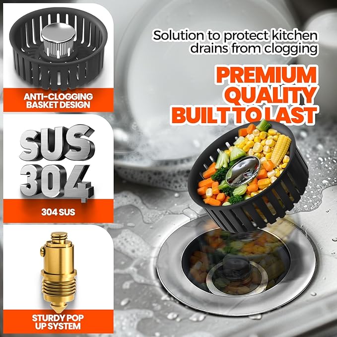 3 in 1 Kitchen Sink Drain Strainer & Sink Stopper Upgraded Stainless Steel Drain Plug with Anti-Clog Basket Drain Stopper Combo, Pop Up Sink Stopper for Standard 3-1/2'',Black