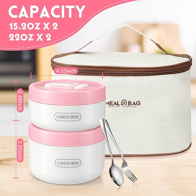 Dandat 4 Pcs Insulated Lunch Container, Portable Bento Box, Stainless Steel Lunch Box, Round Stackable Leakproof Thermal Food Container for Adult Men Women with Insulated Bag, 74 oz(Pink)