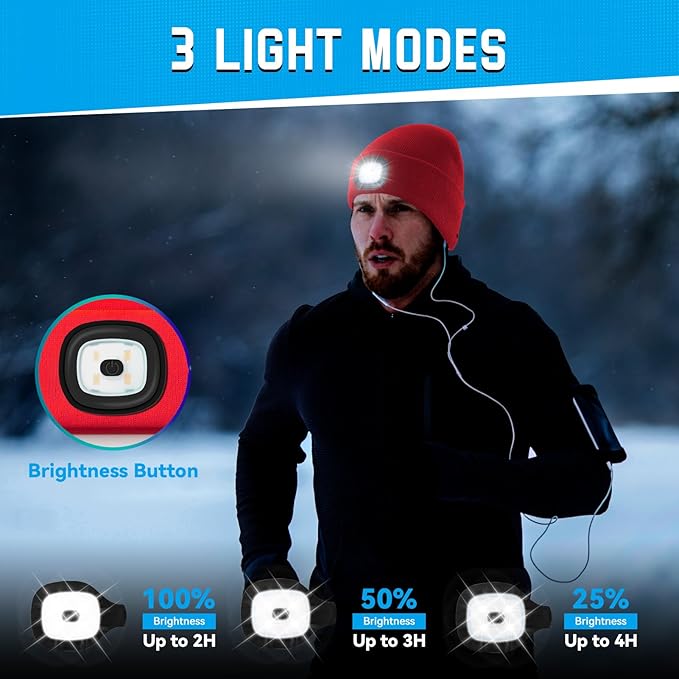 Beanie Hats with Light, USB Rechargeable LED Hand Free Headlamp, Ideal for Camping, Hiking, Fathers Day Dad Gifts, Birthday Gifts for Husband, Dad, Men, 1 Pack, Red