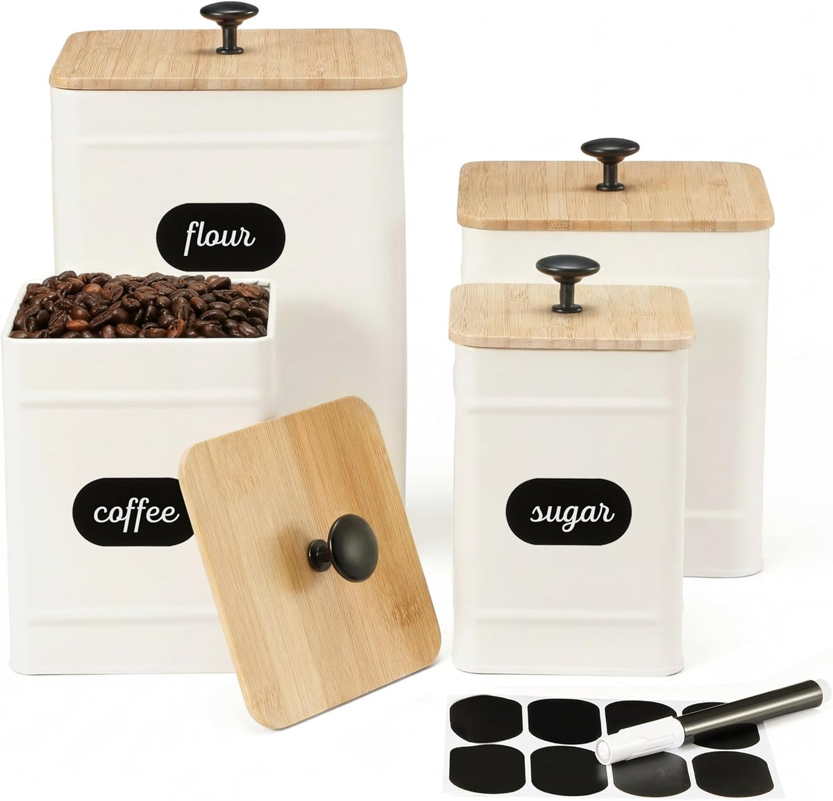 Kitchen Canisters, Airtight Canister Sets for Kitchen Counter, Kitchen Canisters for Countertop Set of 4, Coffee Tea Sugar Flour Spice Tin Jars Food Storage Container with Lid(White)