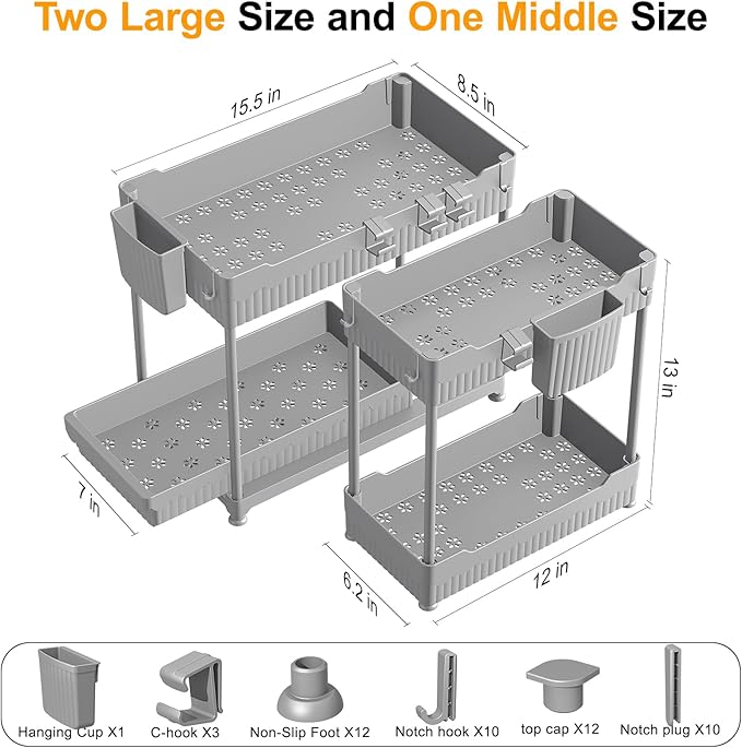 Sevenblue 3 Pack Under Sink Organizers, 2-Tier Multi-Use Kitchen and Bathroom Organizers and Storage with Sliding Drawers, Bathroom Cabinet Organizer (Gray, 12.8 Inch)