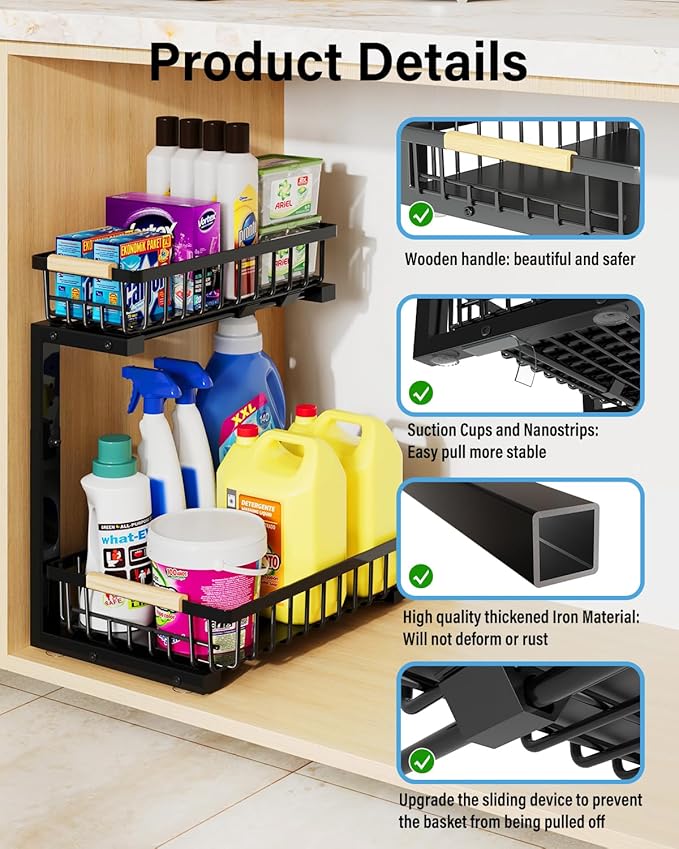 Under Sink Organizer Storage for Families: Pull Out Storage Undersink Organizers Drawer Cabinet - Sliding 2 Tier Rack Metal Organization Under Counter Kitchen Bathroom for Homemakers(Black,2 Pack)