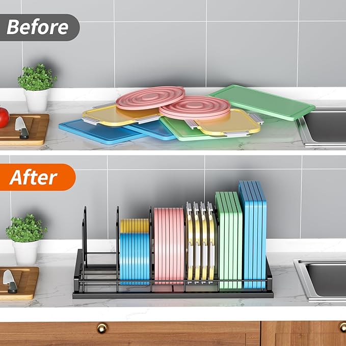 Food Container Lid Organizer for Cabinet, 6 Adjustable Dividers Metal Pot Lid Organizer, Pots and Pans Organizer Under Cabinet Storage Plastic Lids Pots Cookie Sheets for Cabinets, Cupboards, Drawers