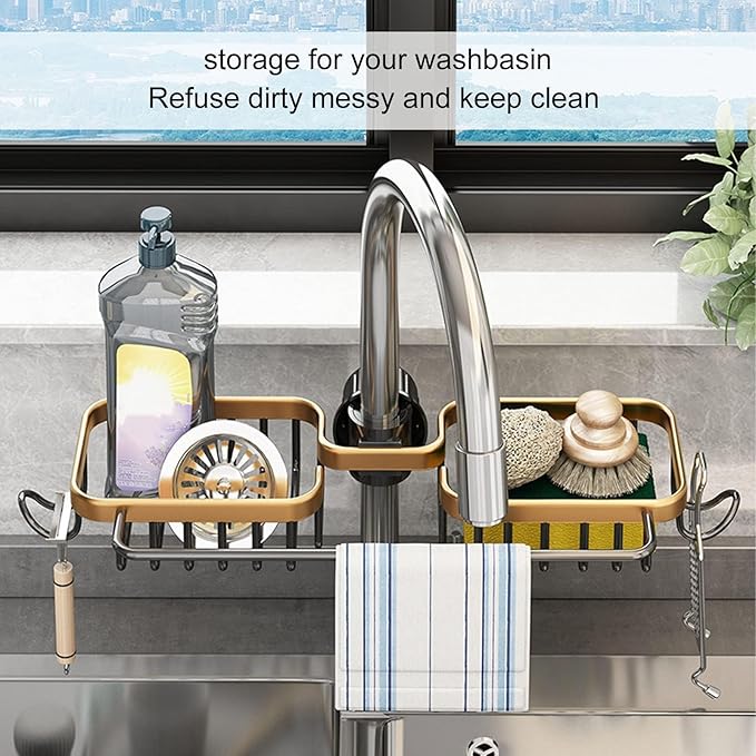 Faucet Holder, Double Faucet Storage Rack with Hooks Faucet Sponge Holder over Faucet Hanging Aluminum Detachable Faucet Drain Rack for Kitchen Sink Bathroom Organizer and Storage(Gold)