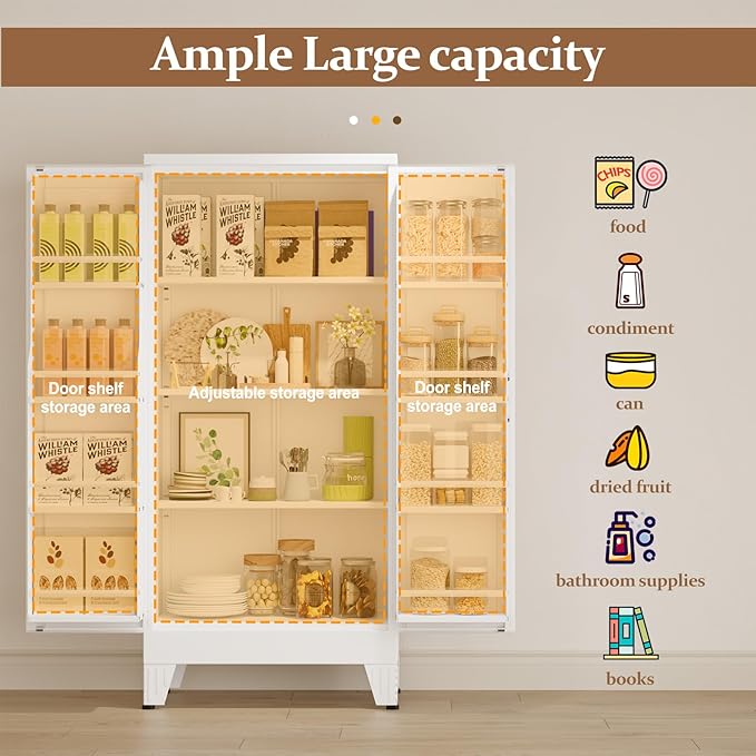 GAIOUS Metal Kitchen Pantry Cabinet, Storage Cabinets with 2 Door and 3 Adjustable Shelves, White Freestanding Food Storage Cabinet, Steel Cupboard for Kitchen Dinning Room