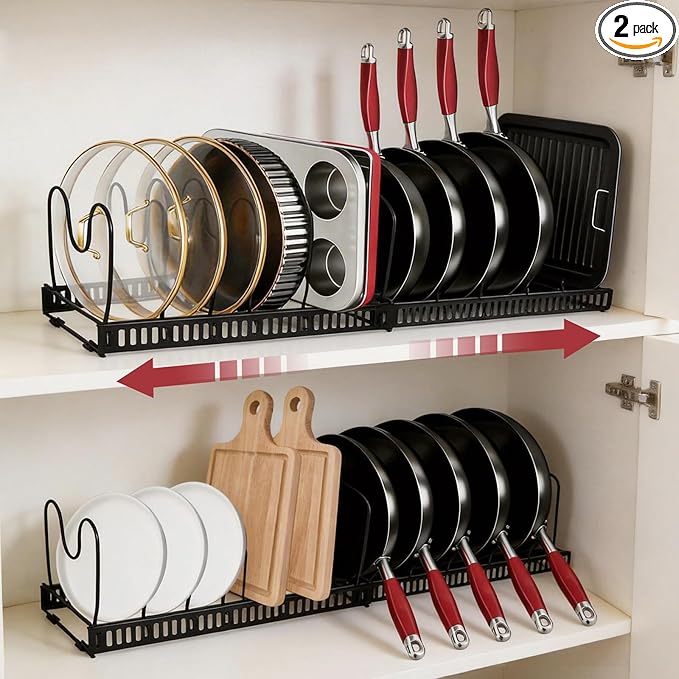 2 Pack Expandable Pots and Pans Organizer for Cabinet, Pot Lid Holder with 13 Adjustable Dividers, Under Cabinet Storage Rack for Pot Lids, Cutting Boards & Baking Sheets (11.8"-22.8")