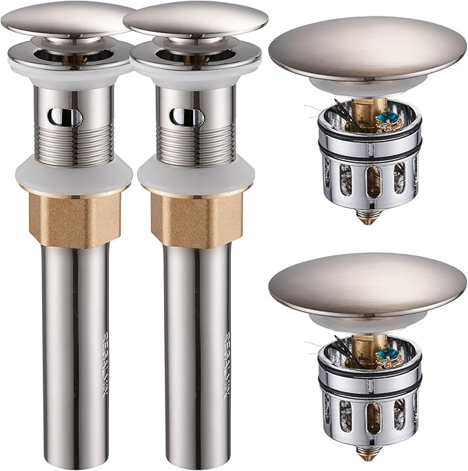 REGALMIX Bathroom Sink Drain with Overflow, Brushed Nickel Pop Up Drain 2 Pack, All Metal Bathroom Sink Stopper for Vanity Vessel Sink, Stainless Steel and Brass, RM083J-P2