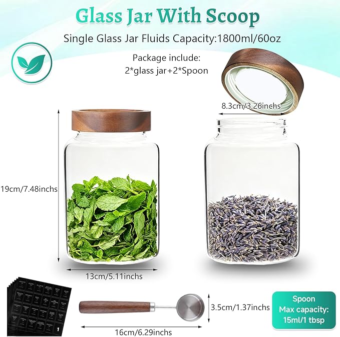 60 oz Glass Coffee Jars with Wooden Airtight Lid Spoon Clear Herb Ground Canister Round Food Storage Container for Sugar Pantry Flours Tea Coffee Bean Spice Cookies (1800ml/60oz-2PACK（with spoon))