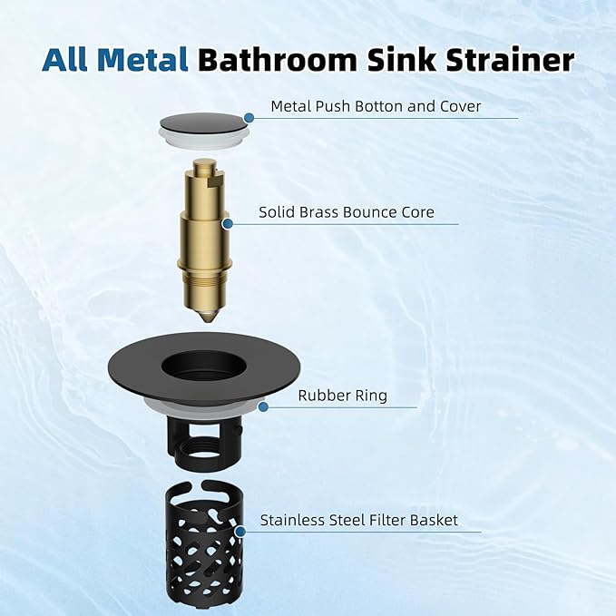 iFealClear 2 Pack All Metal Bathroom Sink Stopper, Pop Up Sink Drain Strainer with Removable Stainless Steel Filter Basket, Universal for 1.1"-2.36" Sink, Brass Bounce Core, Hair Catcher, Matte Black