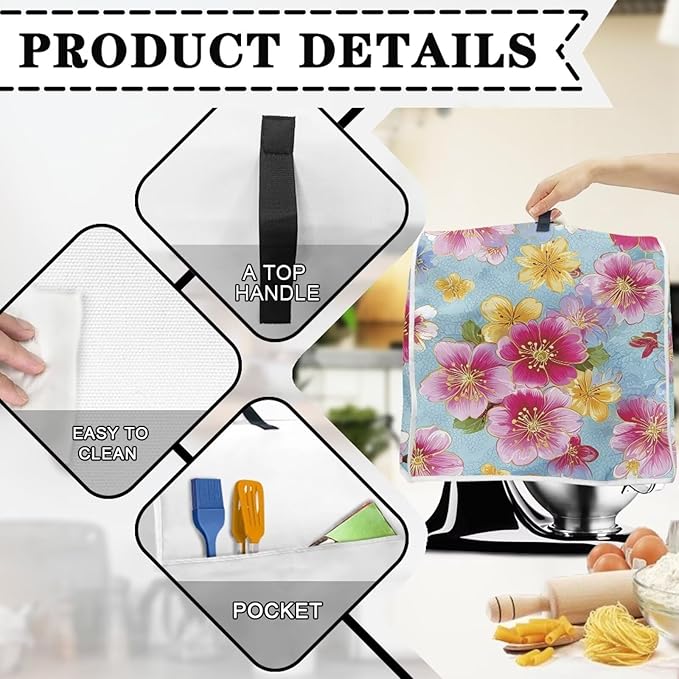 Spring Floral Mixer Cover with Handle & Storage Pocket for 6 to 8 Quart Blenders Machine Washable Polyester Dust Protection for Kitchen Counter Decor Housewarming Gifts