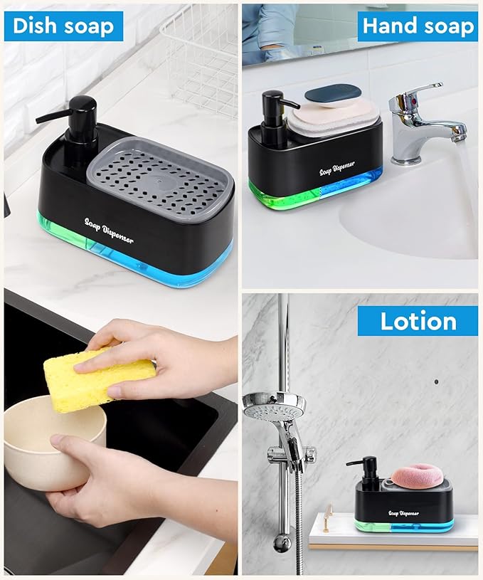 5-in-1 Kitchen Soap Dispenser Set with Sponge Holder - Dual Hand & Dish Soap Pump Dispenser for Sink Countertop with 2-Packs Natural Loofah Dish Sponge Dishwashing Scrubber,Black