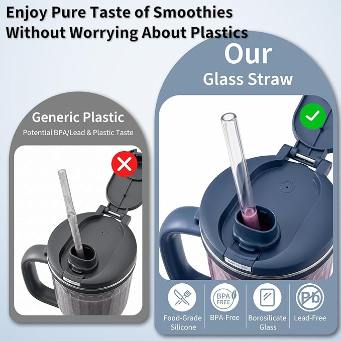 Replacement Glass Straw Compatible with Ninja BlendBOSS Smoothie Blender Travel Tumbler, Reusable & Durable Clear Straw with Cleaning Brush Fit for Ninja BlendBOSS 26oz Cup (2 Pack)