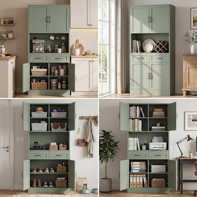 HOSTACK 71“ Tall Kitchen Pantry Storage Cabinet, Modern Kitchen Hutch Bar Cabinet with Microwave Stand, Wood Buffet Sideboard with Hutch, Cupboard with Drawers, Shelves for Dining Room, Green