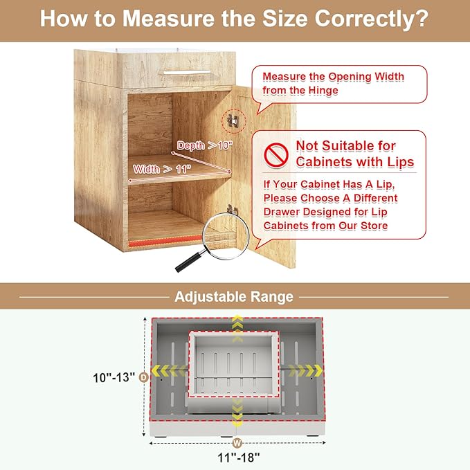 Fokyfok Pull out Cabinet Organizer,Width (11"-18") and Depth (10"-13") Expandable,No Drill Adjustable Slide out Drawers for Pantry,Adhesive Roll out Shelves Short,for upper cabinet,White（1PC）