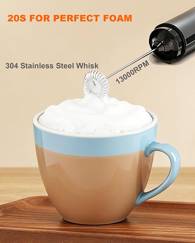Rechargeable Milk Frother Handheld with Cover, Electric Drink Mixer with Stainless Steel Whisk - Portable Hand Frother Wand for Matcha Latte Cappuccino & Hot Chocolate, Black