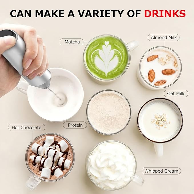 Bonsenkitchen Powerful Milk Frother with Stand for Coffee, Fast Handheld Drink Mixer with Stainless Steel Whisk, Battery Operated Hand Frother Stirrer Wand-Silver