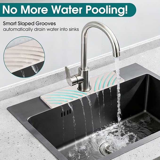 Quick Dry Stone Faucet Mat for Kitchen Sink - 15.8"x3.9" Natural Diatomite Stone Drying Mat for Kitchen Counter Bathroom Dish Dry Mat Auto Drainage Sink Protector (White)