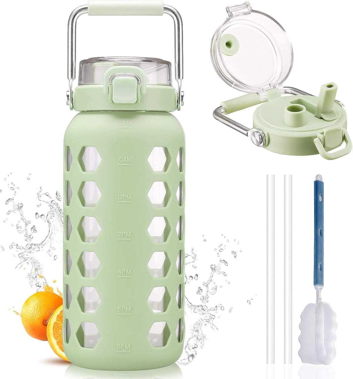 64oz Glass Water Bottle with Straw and Lid, Green