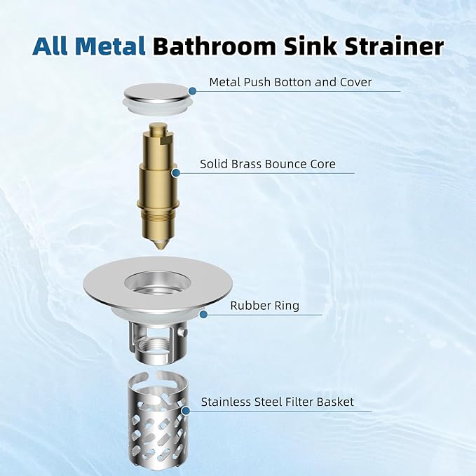 iFealClear 2 Pack All Metal Bathroom Sink Stopper, Pop Up Sink Drain Strainer with Removable Stainless Steel Filter Basket, Universal for 1.1"-2.36" Sink, Brass Bounce Core, Hair Catcher, Chrome