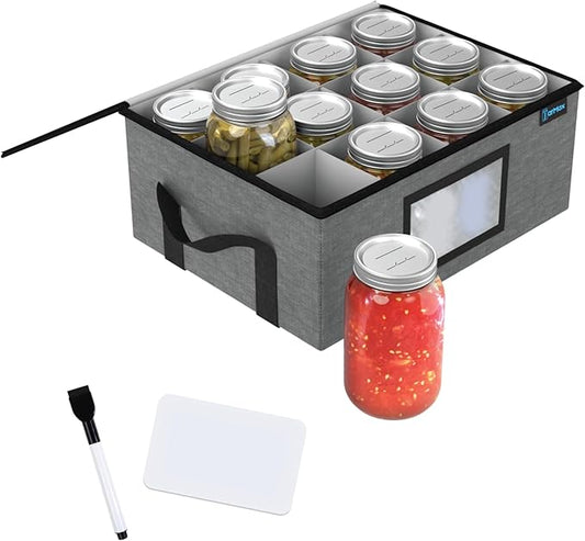 32 oz Quart mason jar storage containers, Sturdy Canning Jar Storage Containers Holds 12 Quart Ball Mason Jars, Foldable Canning Organizer, Stackable Home Storage Box with Lid & Label holder