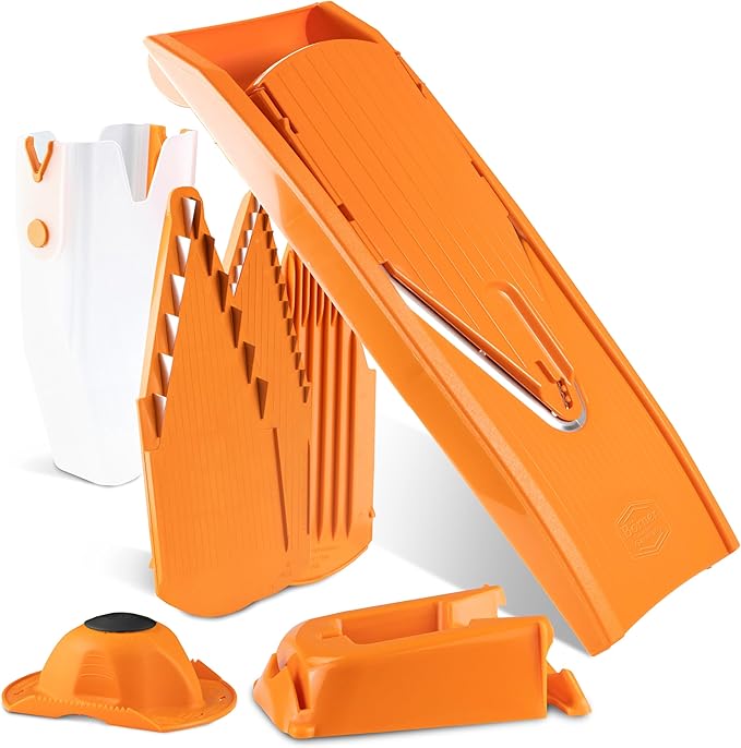 Börner Mandoline Slicer V1 (Professional Set) • V-Slicer with 4 Inserts, Fruit Holder, Docking Station, Box • Adjustable Vegetable Slicer • Cuts into Slices, Strips & Dices • Color: Orange