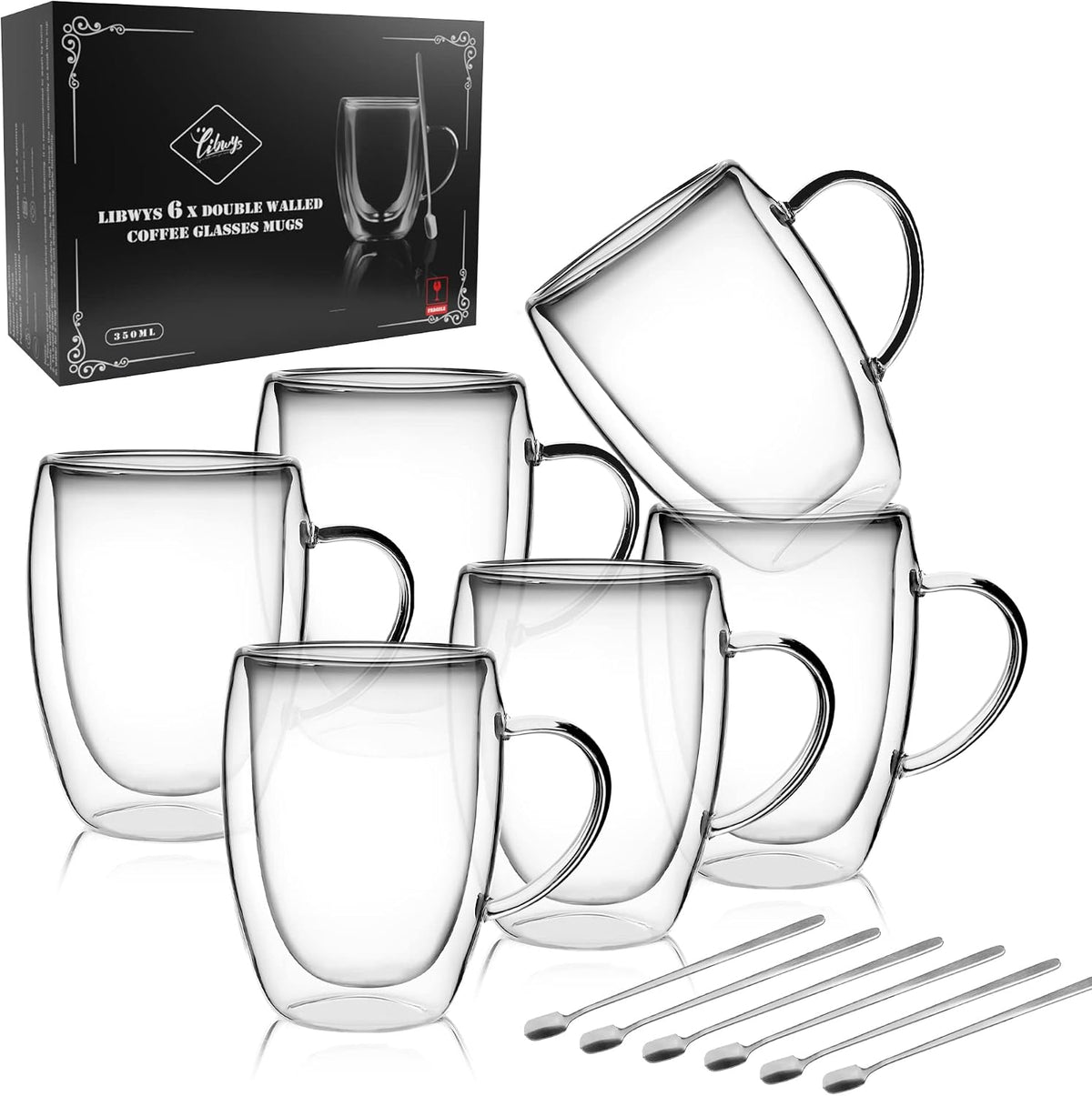 6 Pack Double Walled Coffee Cups Glasses Mug 12oz Borosilicate Glass