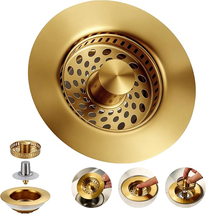ARCORA Kitchen Sink Drain Strainer: Stainless Steel 3 in 1 Sink Stopper with Anti-Clogging Basket, Kitchen Strainer with Brass Bounce Core for Standard 3-1/2 Inch Drain, Brushed Gold