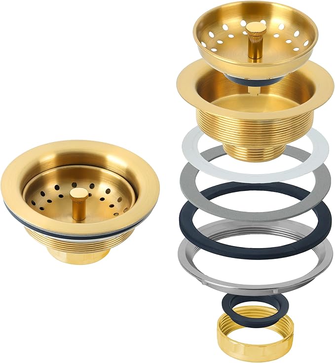 LQS Kitchen Sink Drain Assembly, Sink Drain Basket Strainer 304 Stainless Steel with Removable Sink Strainer Basket and Stopper 3-1/2-inches Gold