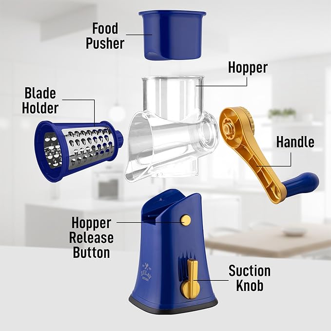 Zulay Kitchen Rotary Cheese Grater 5 Blade Cheese Shredder - Manual Hand Crank Cheese Grater With Reinforced Suction & 5 Interchangeable Drums - Easy to Use, Vegetable Chopper Round Mandoline Slicer