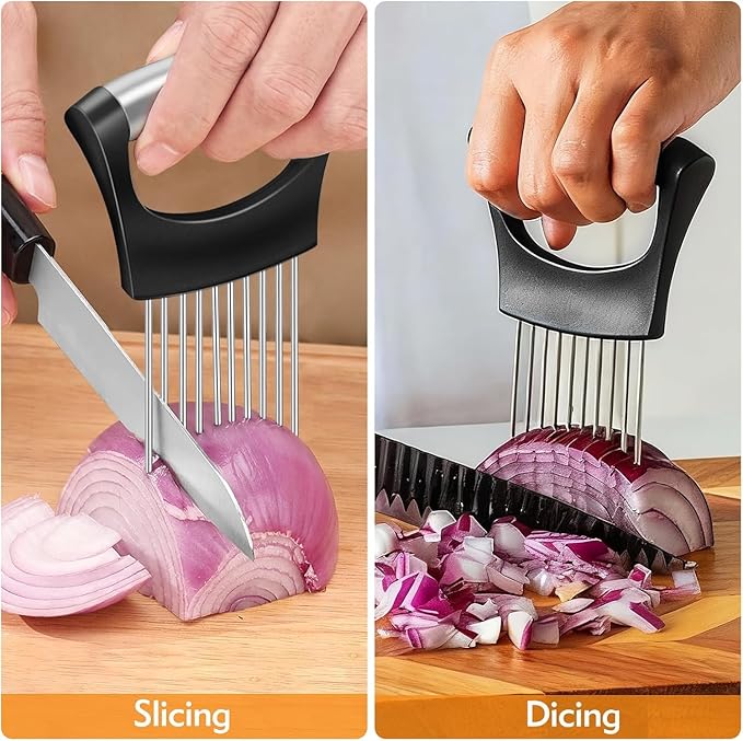 Onion Slice Holder, 2026 New Stainless Steel Onion Slice Holder Lemon Slicer Vegetable Cutter, Multifunctional Chopper Assistant Kitchen Slicer Tool for Fruit, Meat, Tomato, Onion Slicing ﻿ (2pcs)