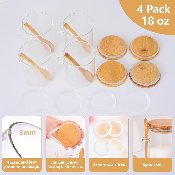 Overnight Oats Containers with Lids and Spoon [Thickened Version], Glass Jars with Bamboo Lids, 4 Pack 18 ozOatmeal and Salad Meal Prep Containers,Chia Seed Pudding Jars