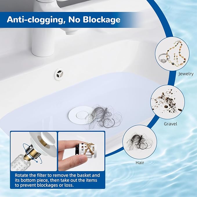 Hibbent Upgraded 3 in 1 Bathroom Sink Drain Strainer, Universal Pop Up Stopper with Removable Stainless Steel Filter Basket Hair Catcher, Sink Plug for 1.1''~2.36'' Basin, Brass Bullet Core, White