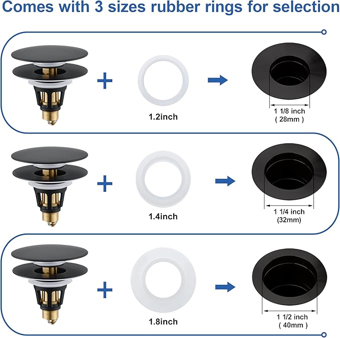 Universal Bathroom Sink Stopper - Pop Up Sink Drain Stopper, Push Button Flixfilter Sink Drain Stopper Replacement, Wash Basin Drain Filter Plug Anti-Clogging Basket, Matte Black