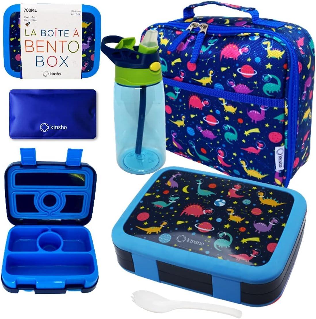 Kids Bento Lunch Box with Bag, Water Bottle & Ice Pack, Blue Dino