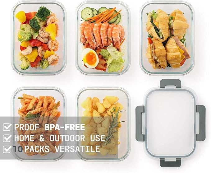 Cuiselect 10 Pack 22 Oz Glass Meal Prep Containers with Lids, Reusable Glass Food Storage Containers with Lids, Leak Proof, Microwave, Oven, Freezer and Dishwasher Safe (Gray)