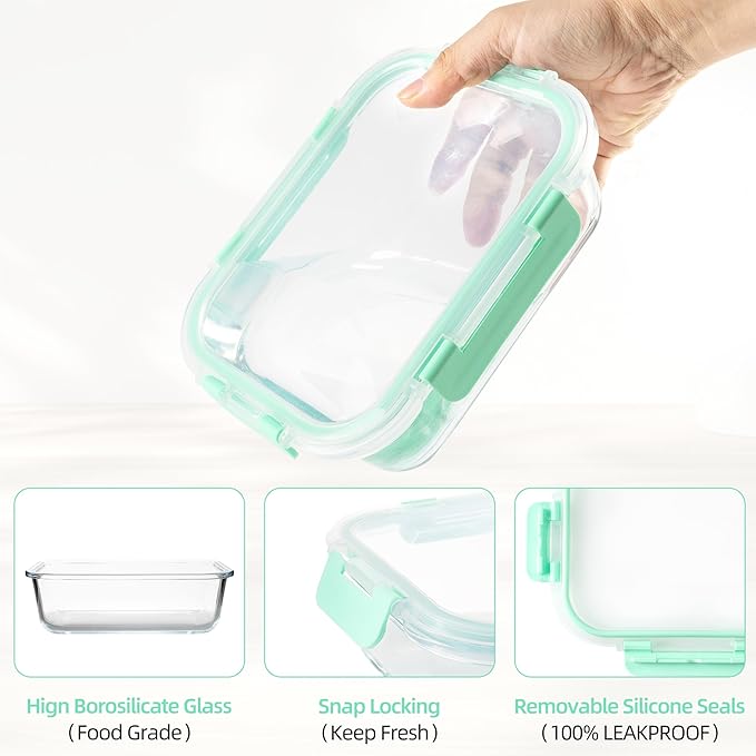 16PCS (8 Bowls + 8 Lids) High Borosilicate Glass Meal Prep Containers, Food Storage Containers with Airtight Lids, Glass Lunch Bento Boxes, Dishwasher Safe, mint