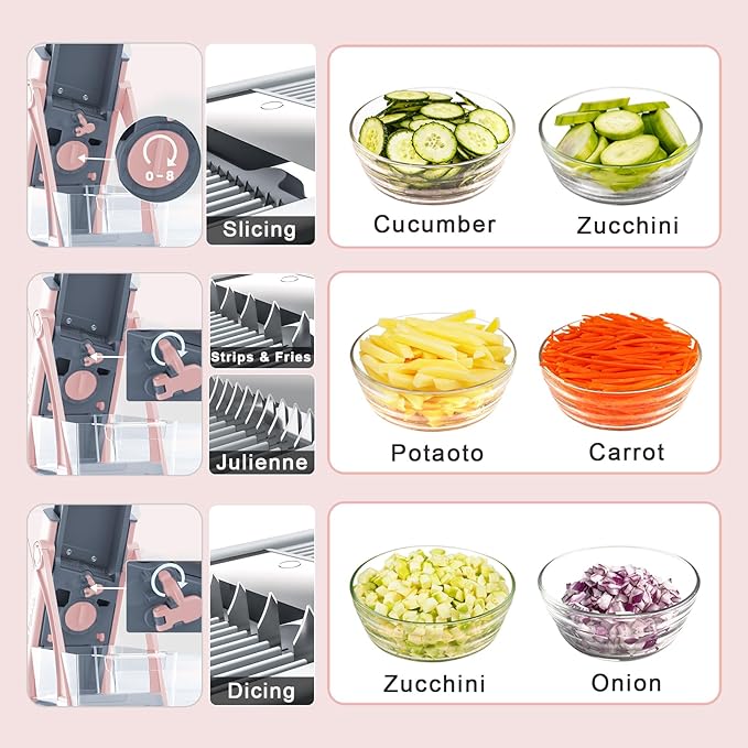 Jonscook Safe Mandoline Food Slicer for Kitchen - Vegetable Chopper With Adjustable Thickness, Multifunctional Veggie Chopper Vegetable Cutter Slicer Dicer For Onion Potato Tomato - Pink