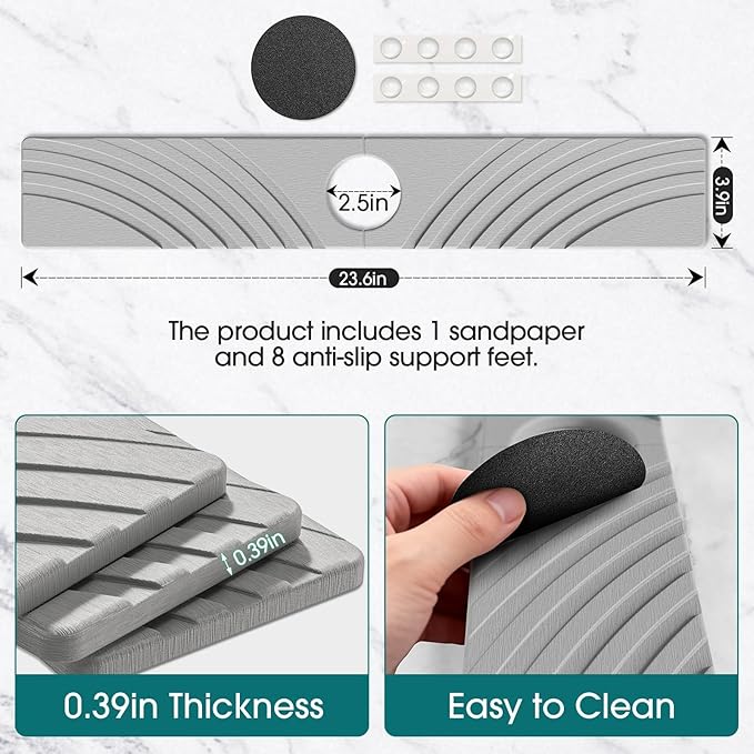 Quick Dry Stone Faucet Mat for Kitchen Sink - 23.6"x3.9" Natural Diatomite Stone Drying Mat for Kitchen Counter, Auto Drainage Sink Protector, Water Splash Guard for Bathroom (Light Grey)